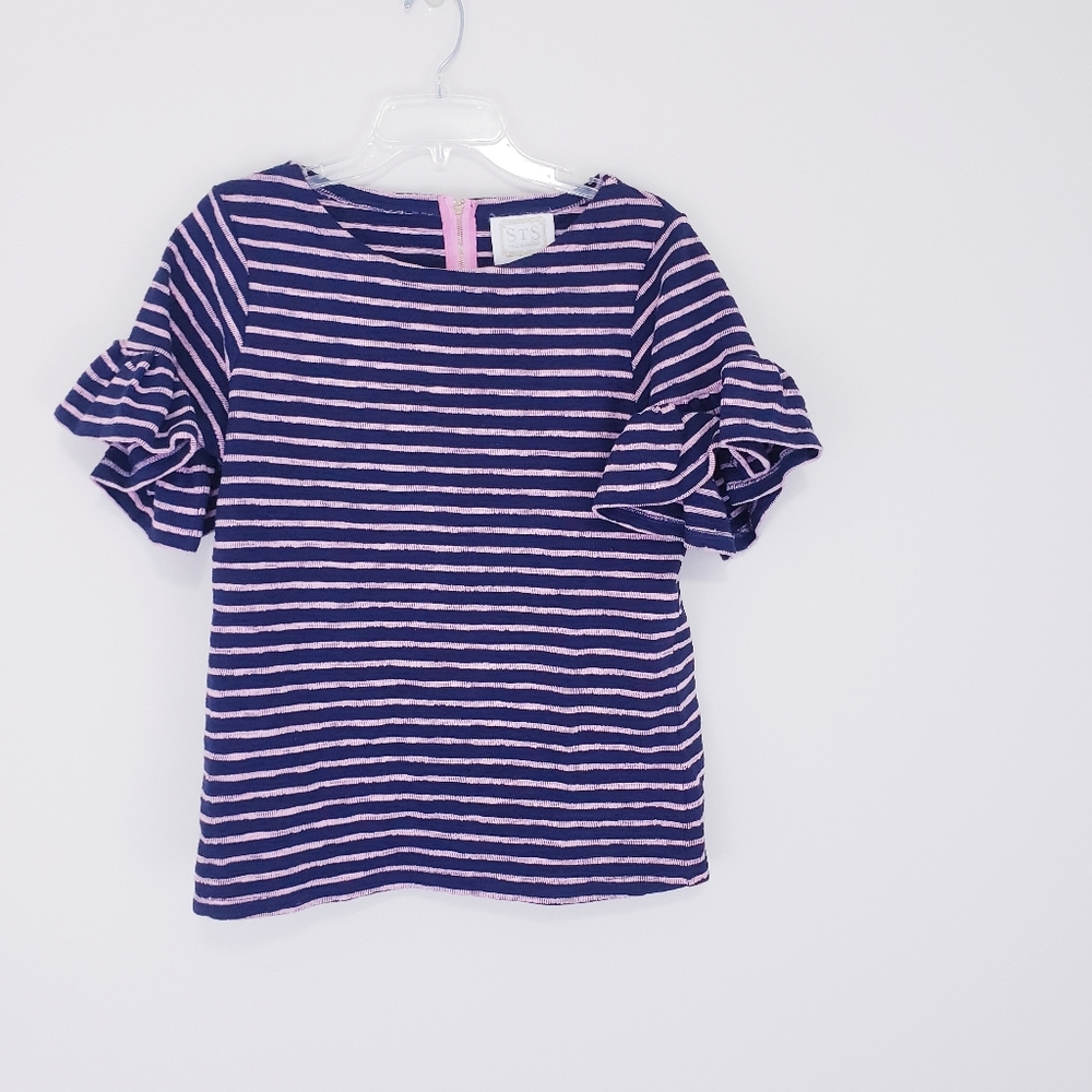 Sail to Sable Navy Blue Pink Stripe Ruffle Sleeve French Terry Blouse Medium - Picture 7 of 12